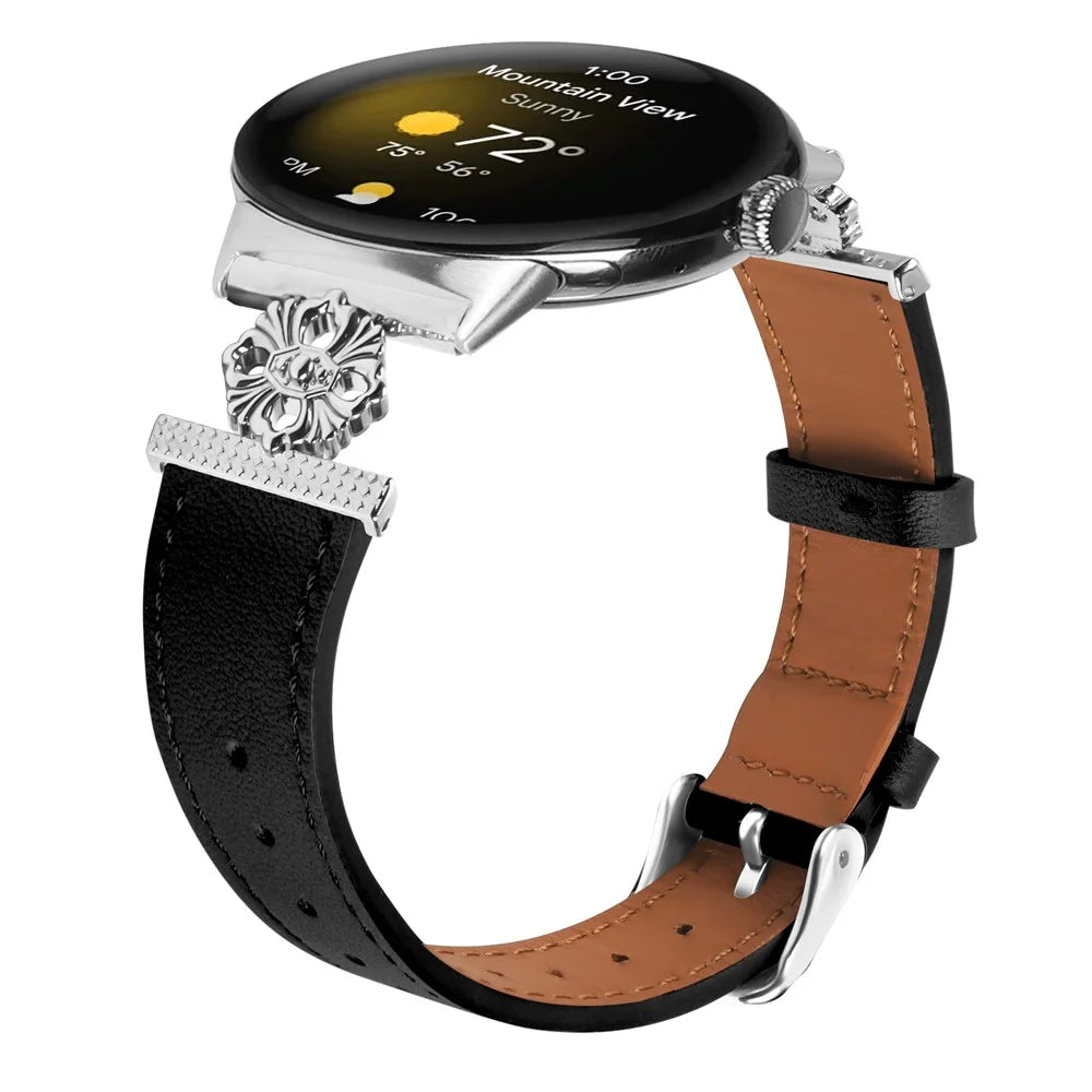 For Google Pixel Watch 4 41mm / Watch 3 41mm / Watch 2 / Watch Genuine Cow Leather Band Flower Decor Adjustable Strap - Black - 2