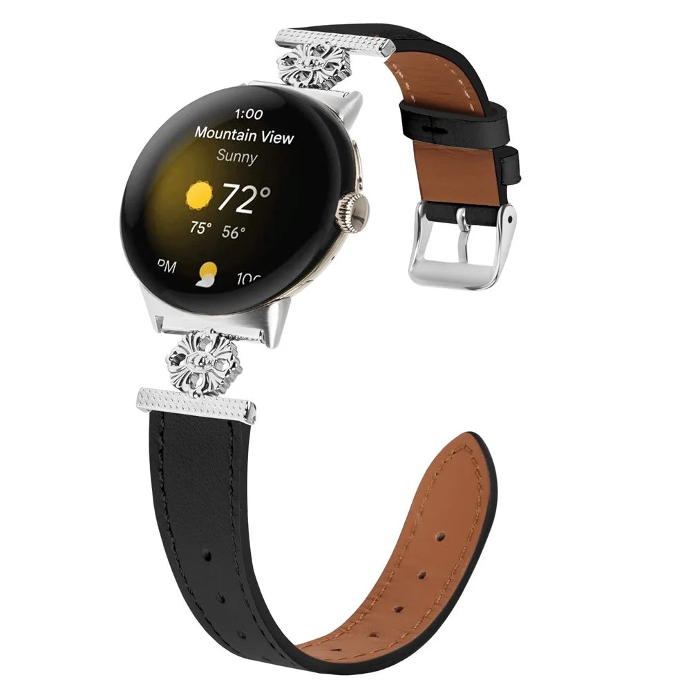 For Google Pixel Watch 4 41mm / Watch 3 41mm / Watch 2 / Watch Genuine Cow Leather Band Flower Decor Adjustable Strap - Black - 3