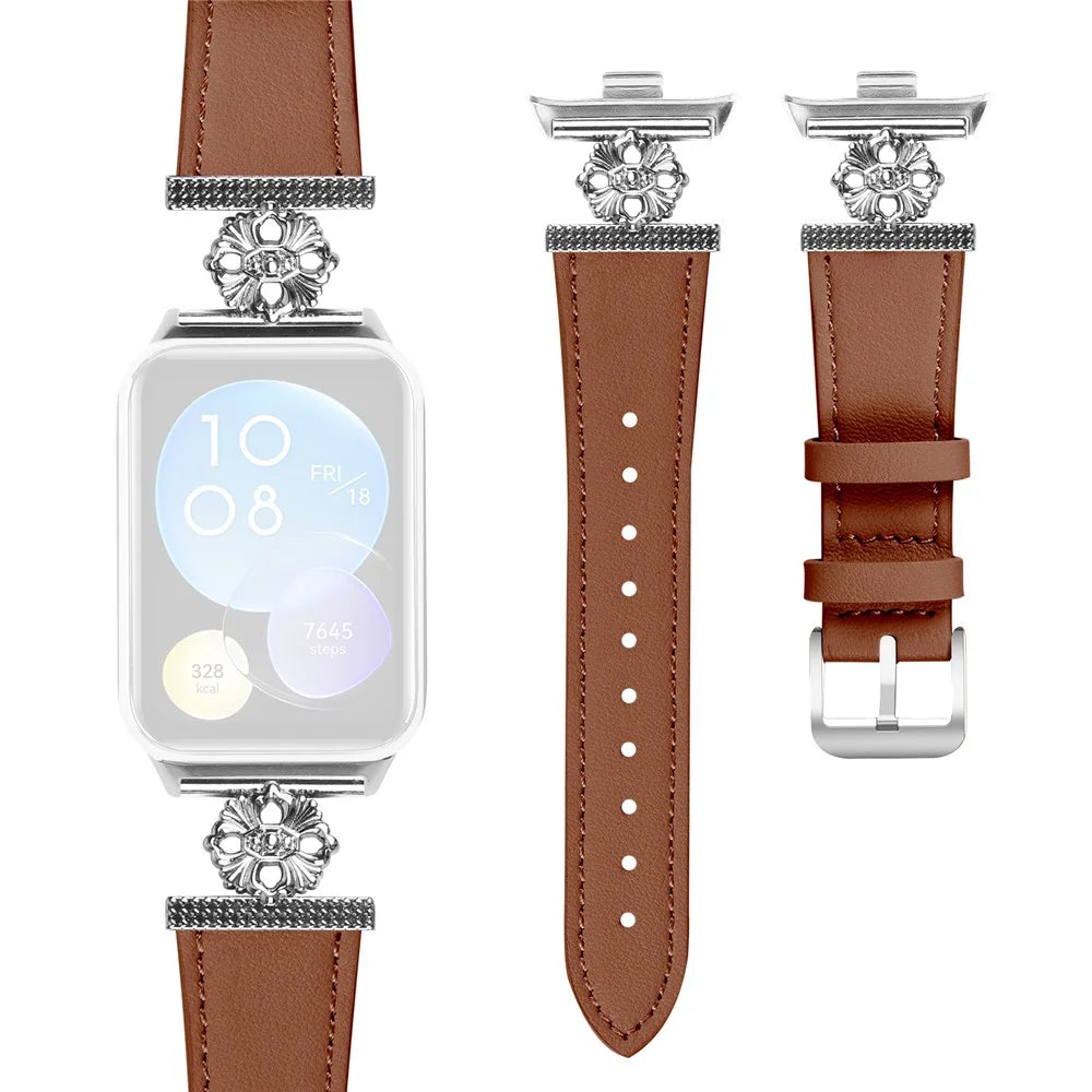 For Xiaomi Smart Band 10 Pro / 9 Pro / 8 Pro / Redmi Watch 6 / 5 / 4 Watch Band Genuine Cow Leather Flower Decor Adjustable Strap - Brown - 1