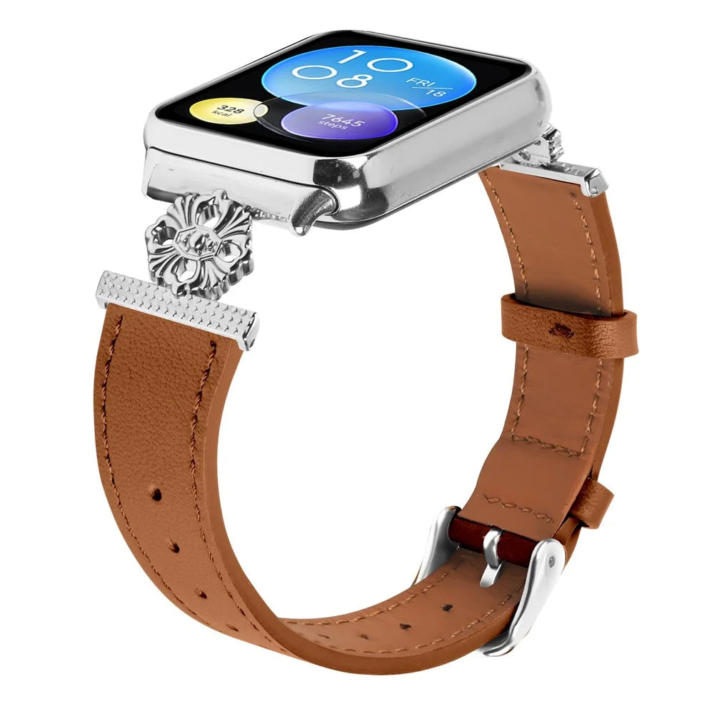 For Xiaomi Smart Band 10 Pro / 9 Pro / 8 Pro / Redmi Watch 6 / 5 / 4 Watch Band Genuine Cow Leather Flower Decor Adjustable Strap - Brown - 2