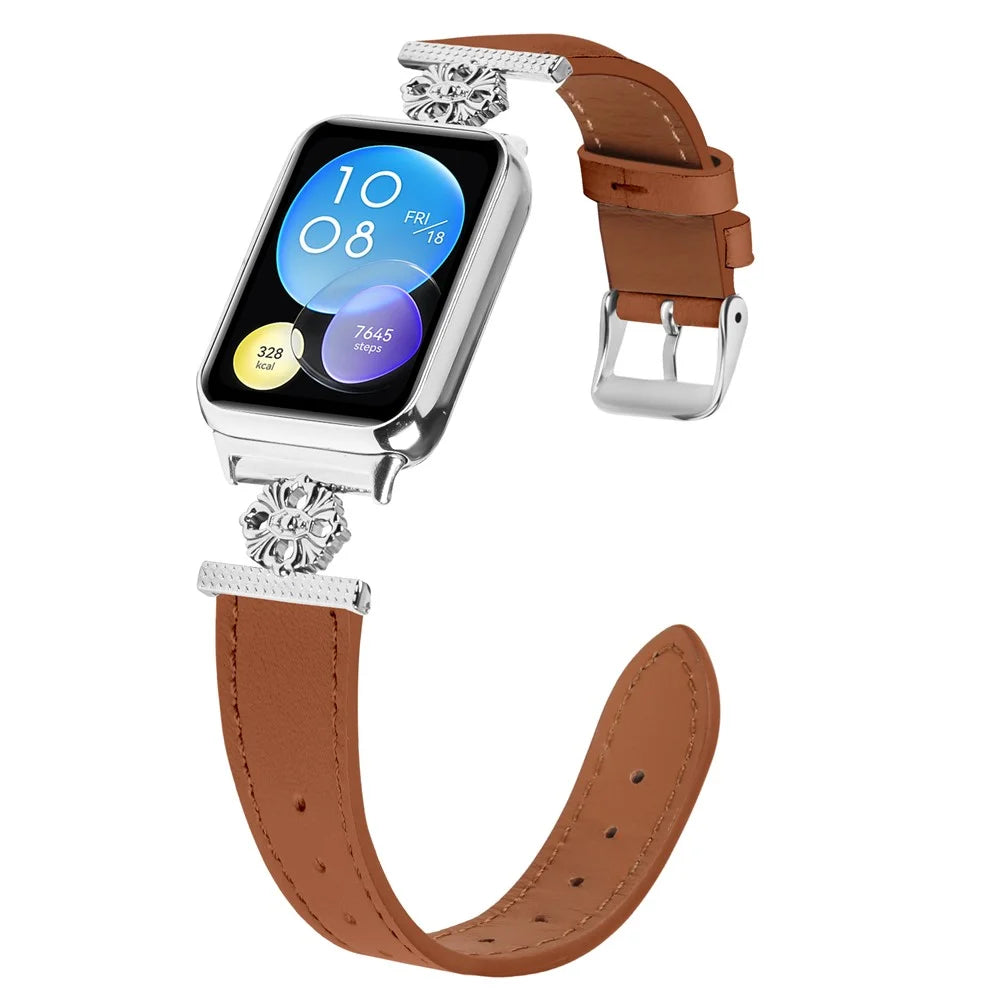 For Xiaomi Smart Band 10 Pro / 9 Pro / 8 Pro / Redmi Watch 6 / 5 / 4 Watch Band Genuine Cow Leather Flower Decor Adjustable Strap - Brown - 3