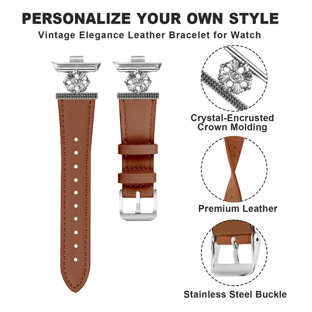 For Xiaomi Smart Band 10 Pro / 9 Pro / 8 Pro / Redmi Watch 6 / 5 / 4 Watch Band Genuine Cow Leather Flower Decor Adjustable Strap - Brown - 4