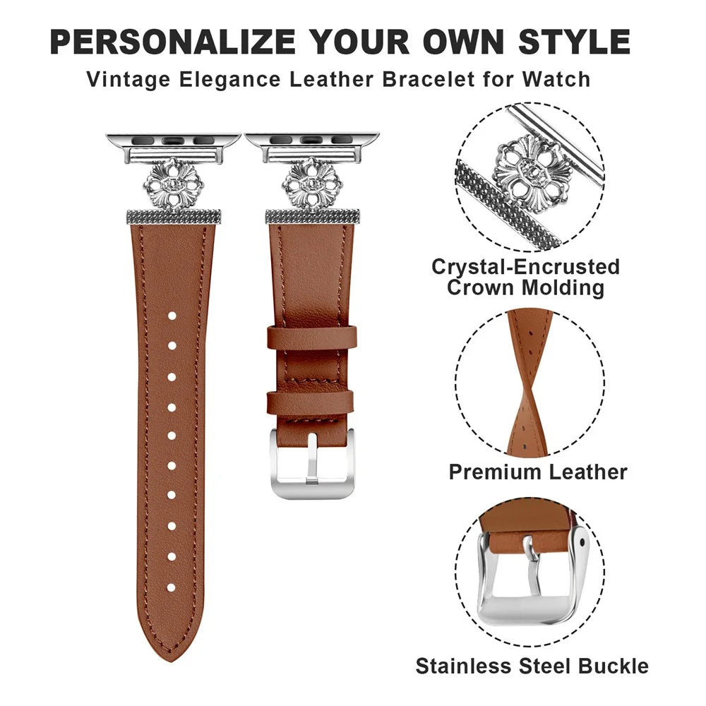 Watch Band for Apple Watch Series 11 10 42mm / 9 8 7 41mm / SE3 SE2 SE 6 5 4 40mm / 3 2 1 38mm Genuine Cow Leather Strap - Brown - 4