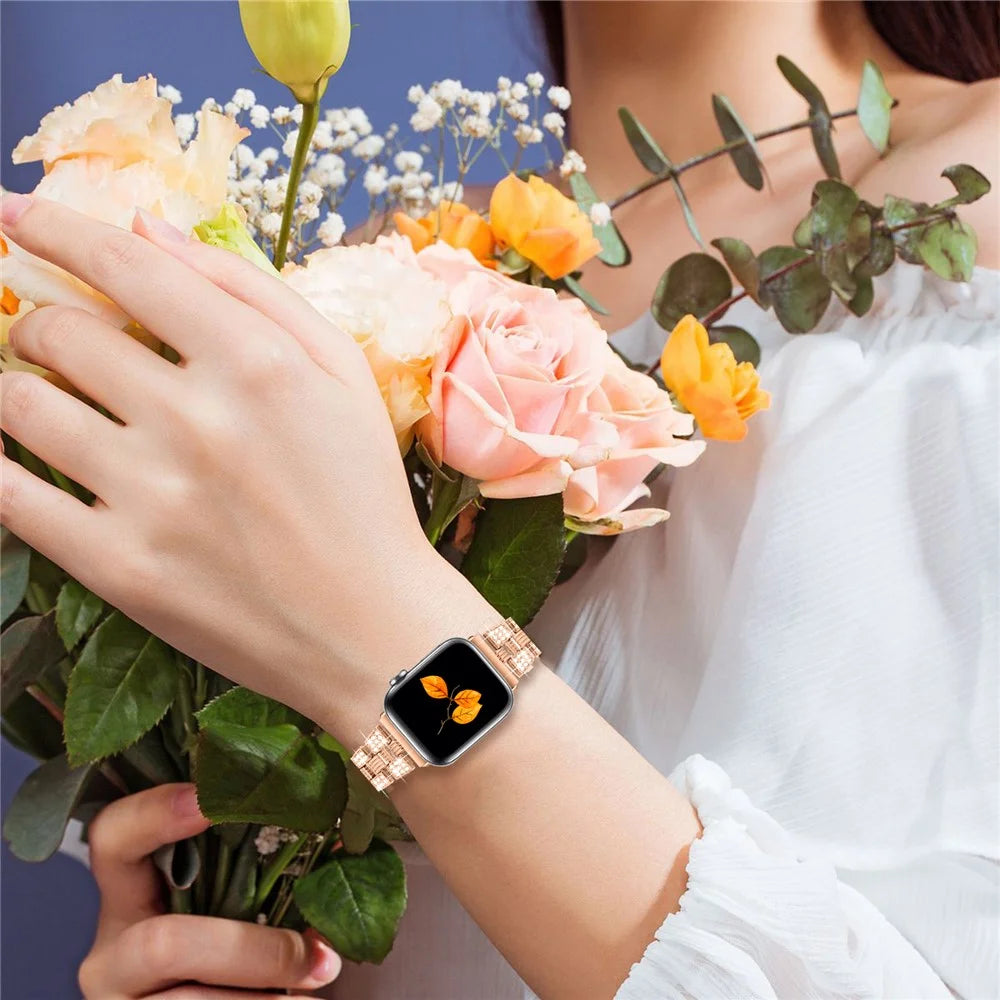 New Zinc Alloy Rhinestone Decor Thread Smart Watch Strap Replacement for Apple Watch Ultra 3 2 1 49mm / Series 11 10 46mm / 9 8 7 45mm / SE3 SE2 SE 6 5 4 44mm / 3 2 1 42mm - Rose Gold - 5