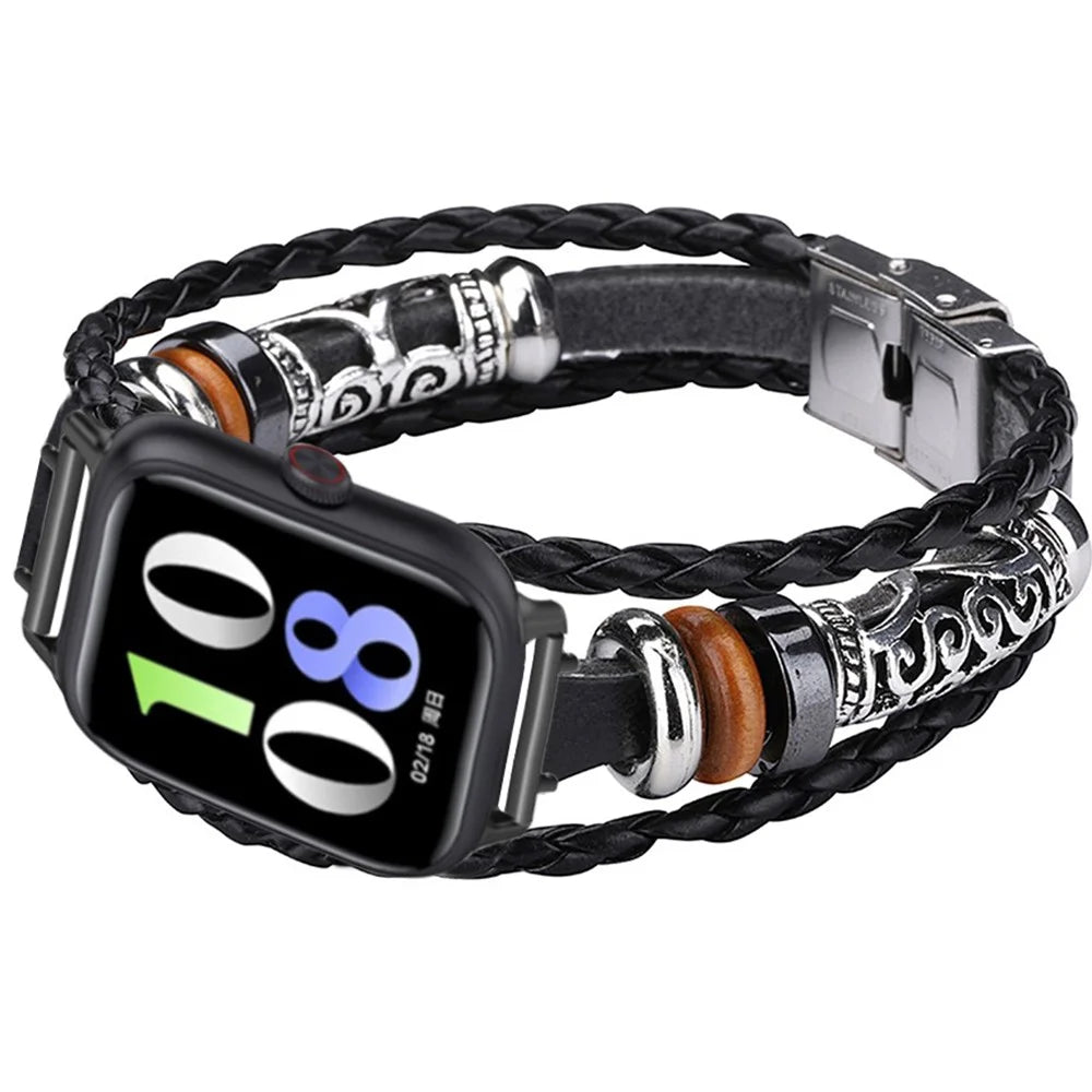 20mm Ethnic Band Bracelet for Samsung Galaxy Watch FE 40mm / Watch7 44mm / 40mm Leather+Metal Wrist Strap - Black - 3