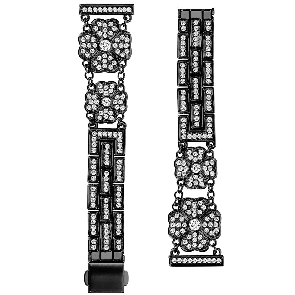 For Samsung Galaxy Watch7 44mm / 40mm Watch Band Four Leaf Clover Rhinestone Decor Smart Watch Strap - Black - 1