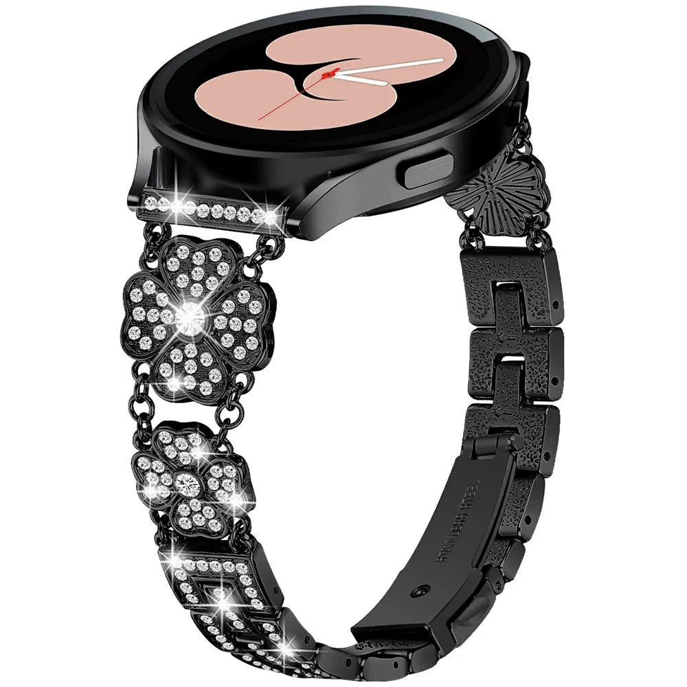For Samsung Galaxy Watch7 44mm / 40mm Watch Band Four Leaf Clover Rhinestone Decor Smart Watch Strap - Black - 2