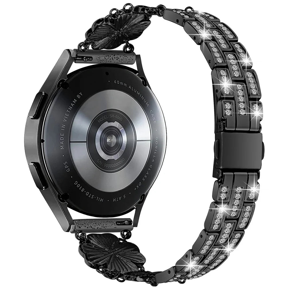For Samsung Galaxy Watch7 44mm / 40mm Watch Band Four Leaf Clover Rhinestone Decor Smart Watch Strap - Black - 3