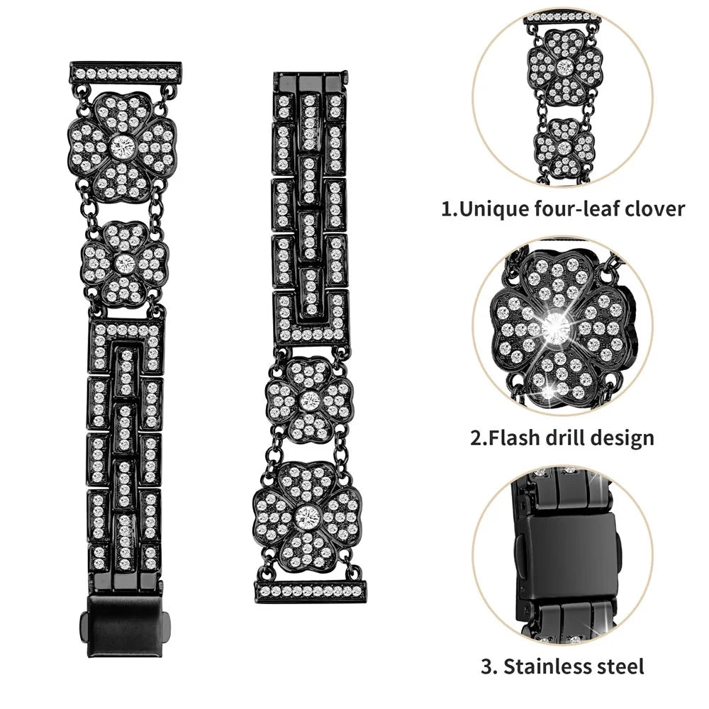 For Samsung Galaxy Watch7 44mm / 40mm Watch Band Four Leaf Clover Rhinestone Decor Smart Watch Strap - Black - 4