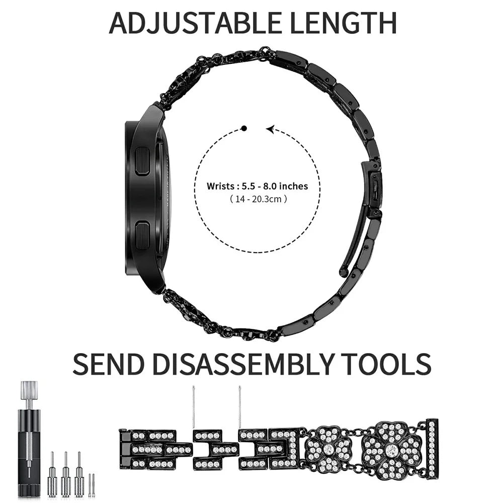 For Samsung Galaxy Watch7 44mm / 40mm Watch Band Four Leaf Clover Rhinestone Decor Smart Watch Strap - Black - 5