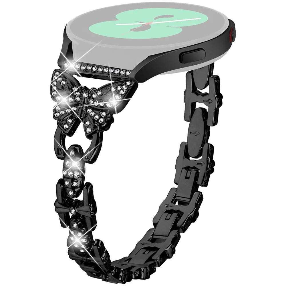 For Samsung Galaxy Watch7 44mm / 40mm Butterfly Bling Rhinestone Decor Watch Band Metal Bracelet - Black - 1