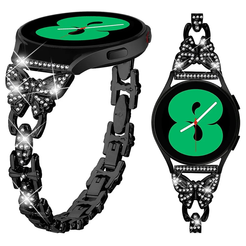 For Samsung Galaxy Watch7 44mm / 40mm Butterfly Bling Rhinestone Decor Watch Band Metal Bracelet - Black - 4