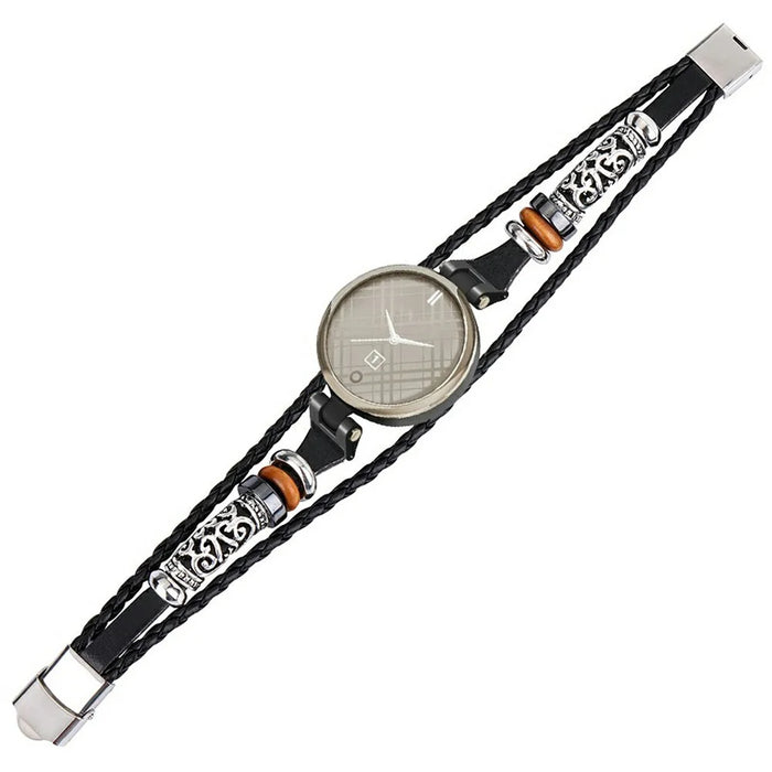 For Garmin Lily Ethnic Band Bracelet Leather+Metal Wrist Strap with Tool - Black - 2