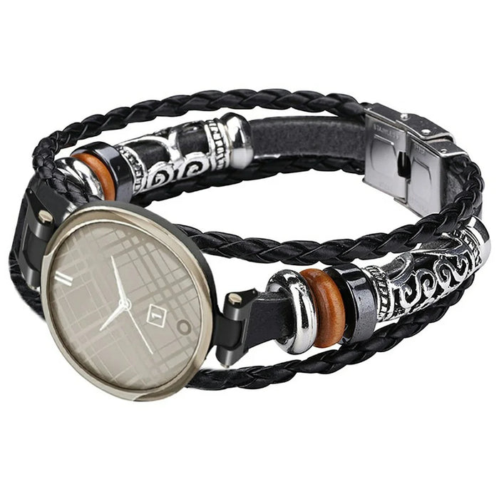 For Garmin Lily Ethnic Band Bracelet Leather+Metal Wrist Strap with Tool - Black - 3
