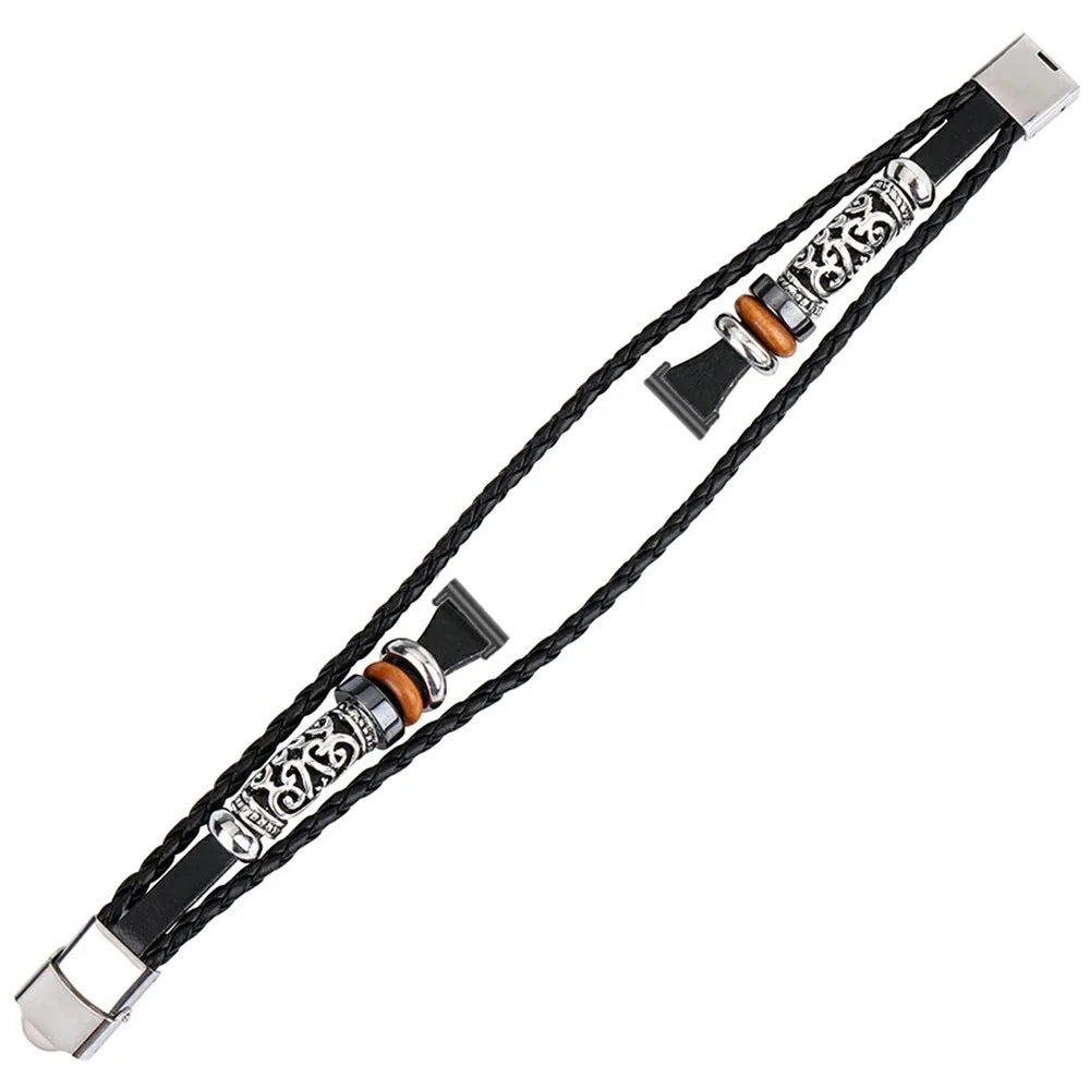 For Garmin Lily 2 Ethnic Band Bracelet Leather+Metal Wrist Strap - Black - 1