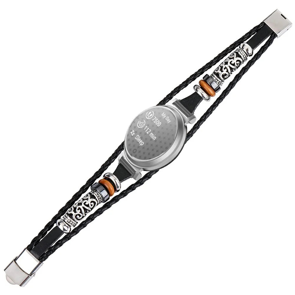For Garmin Lily 2 Ethnic Band Bracelet Leather+Metal Wrist Strap - Black - 2