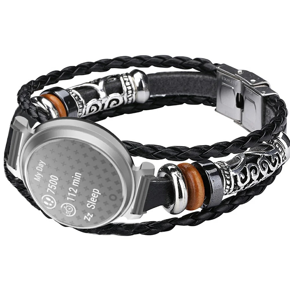 For Garmin Lily 2 Ethnic Band Bracelet Leather+Metal Wrist Strap - Black - 3