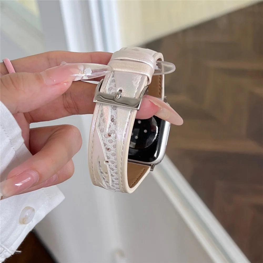 Mesh + Leather Strap for Apple Watch Series 11 10 42mm / 9 8 7 41mm / SE3 SE2 SE 6 5 4 40mm / 3 2 1 38mm - White - 4