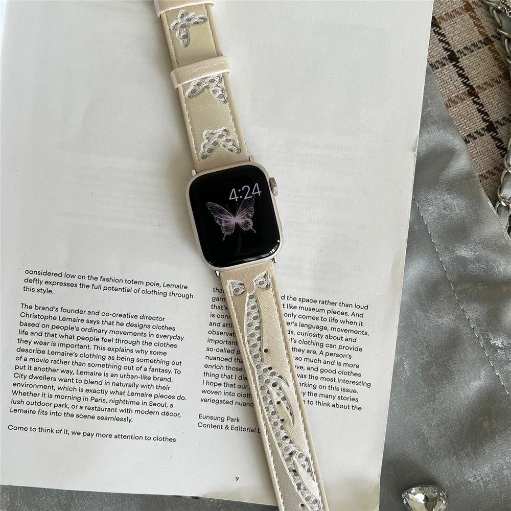Mesh + Leather Strap for Apple Watch Series 11 10 42mm / 9 8 7 41mm / SE3 SE2 SE 6 5 4 40mm / 3 2 1 38mm - White - 6