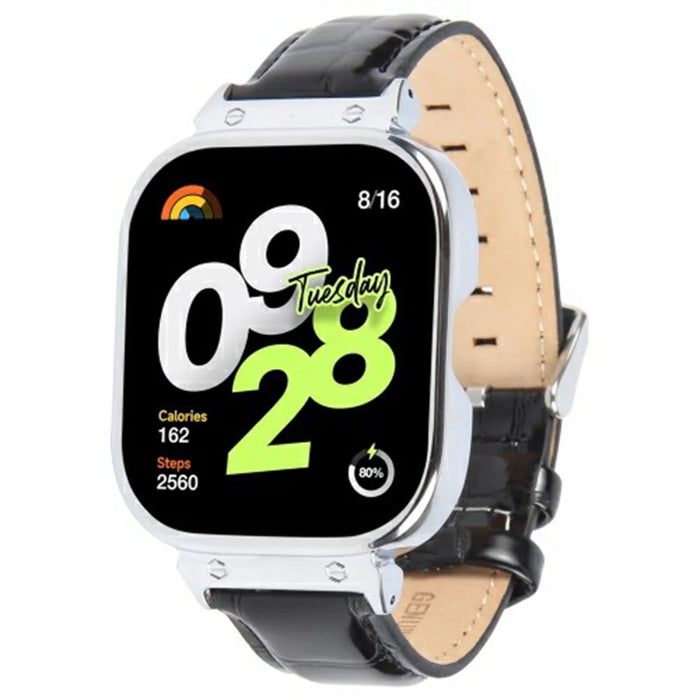 For Xiaomi Redmi Watch 4 Genuine Cow Leather Replacement Strap with Silver Metal Watch Case - Bamboo Joint Black - 1
