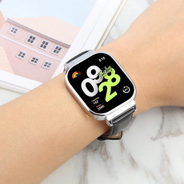 For Xiaomi Redmi Watch 4 Genuine Cow Leather Replacement Strap with Silver Metal Watch Case - Bamboo Joint Black - 4