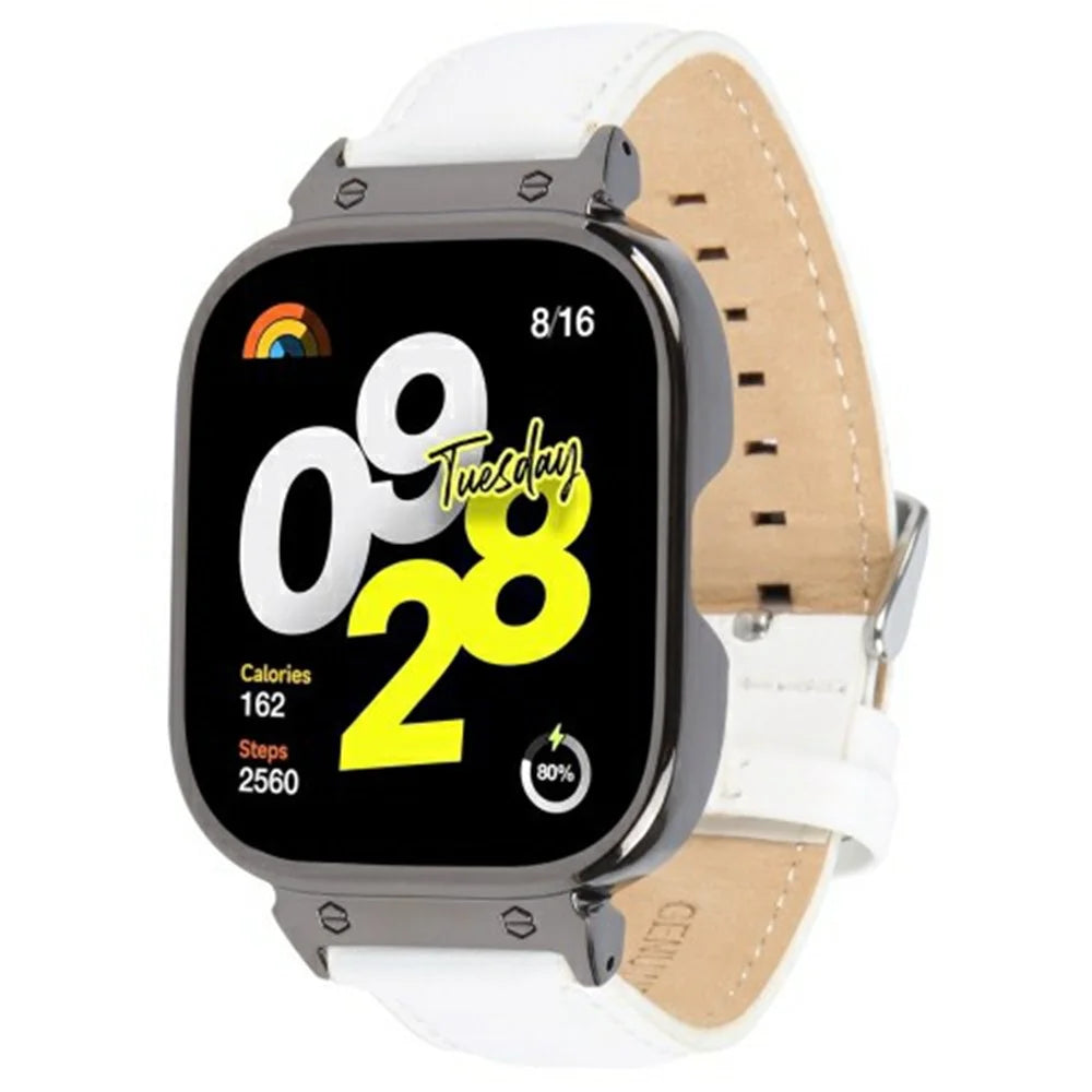 For Xiaomi Redmi Watch 4 Genuine Cow Leather Replacement Strap with Black Metal Watch Case - White - 1
