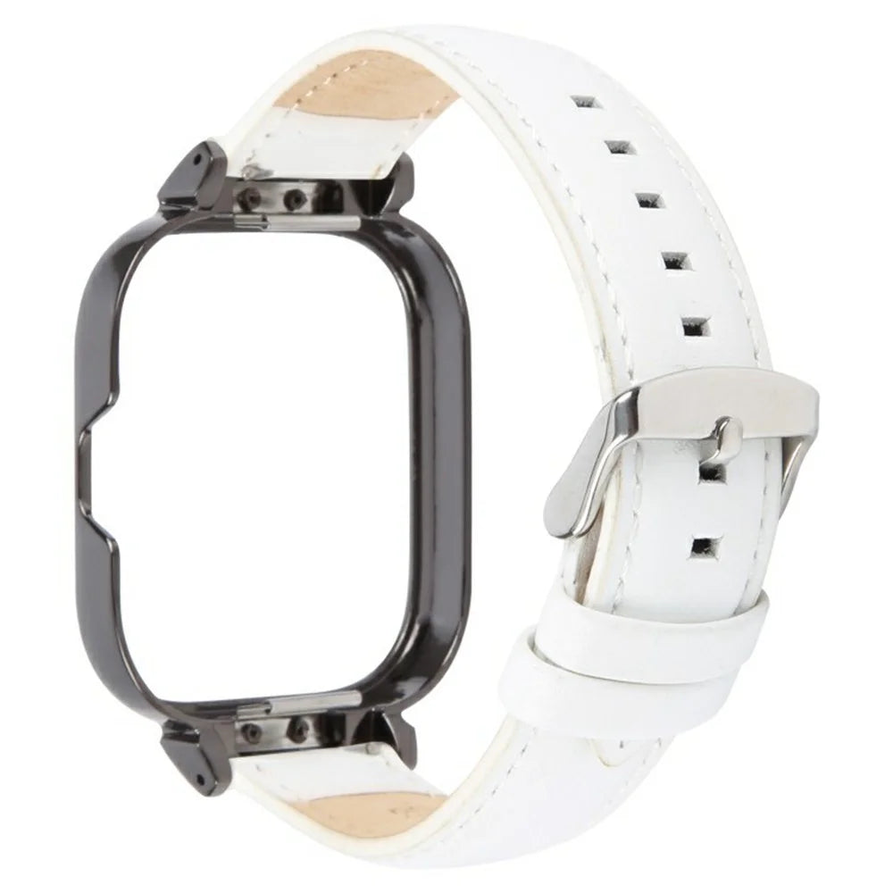 For Xiaomi Redmi Watch 4 Genuine Cow Leather Replacement Strap with Black Metal Watch Case - White - 2