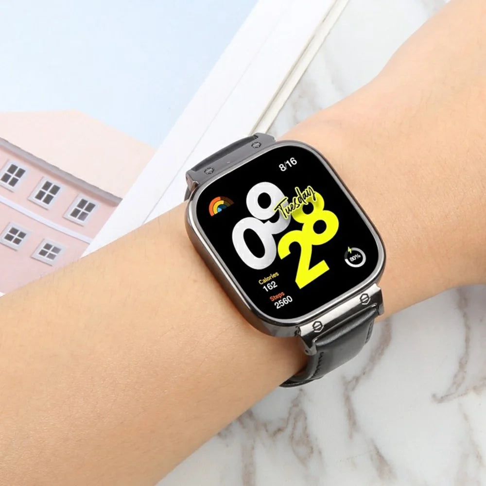For Xiaomi Redmi Watch 4 Genuine Cow Leather Replacement Strap with Black Metal Watch Case - White - 4