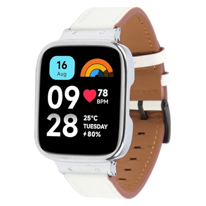 For Xiaomi Redmi Watch 3 Lite Top Layer Cowhide Leather Replacement Strap with Metal Watch Case - White - 1