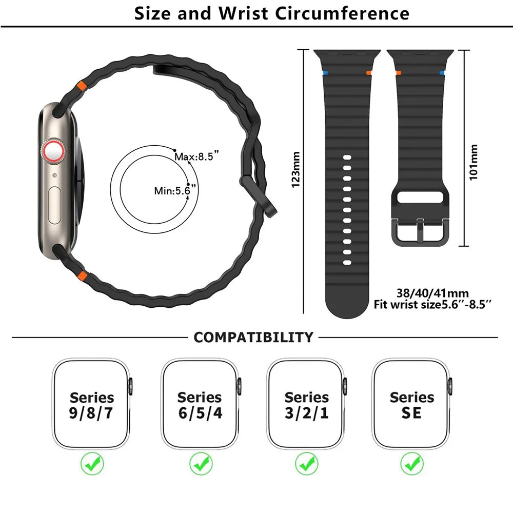 KALEBOL Silicone Strap for Apple Watch Series 11 10 42mm / 9 8 7 41mm / SE3 SE2 SE 6 5 4 40mm / 3 2 1 38mm Band - Black - 5