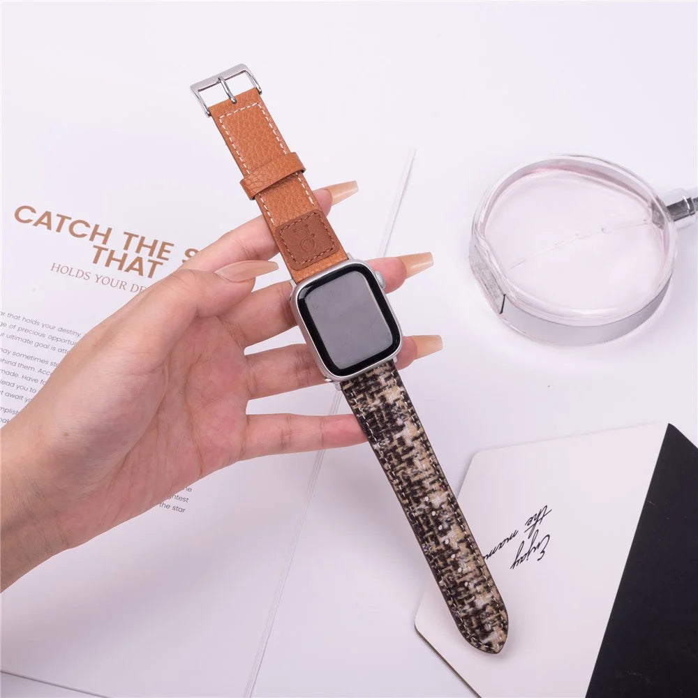 Wool + Leather Strap for Apple Watch Ultra 3 2 1 49mm / Series 11 10 46mm / 9 8 7 45mm / SE3 SE2 SE 6 5 4 44mm / 3 2 1 42mm - Brown+Coffee - 2