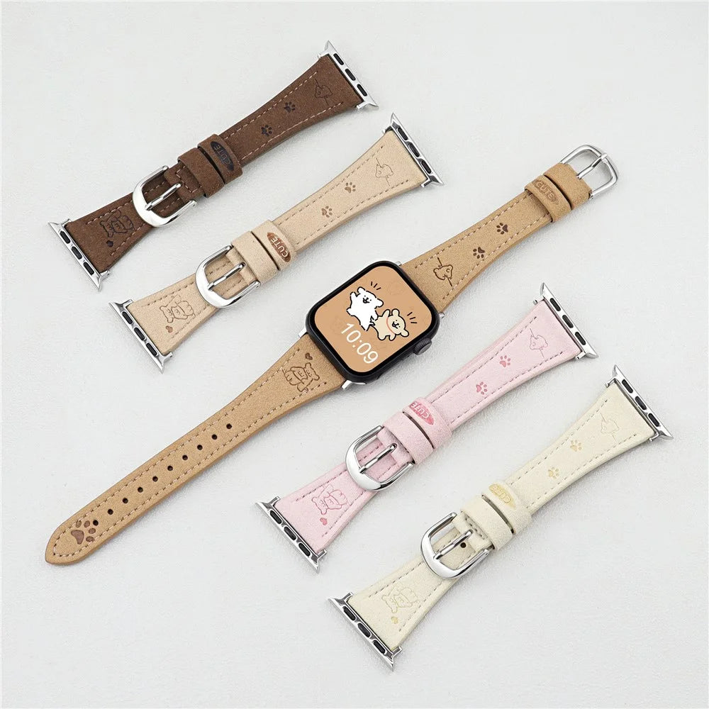Dog Pattern Leather Strap for Apple Watch Ultra 3 2 1 49mm / Series 11 10 46mm / 9 8 7 45mm / SE3 SE2 SE 6 5 4 44mm / 3 2 1 42mm - Dark Brown - 3