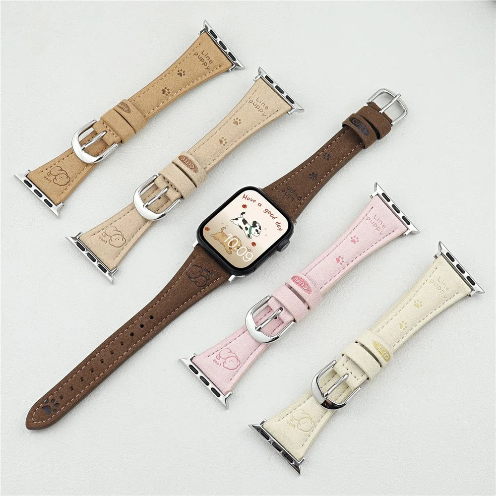 Cartoon Dog Pattern Leather Strap for Apple Watch Series 11 10 42mm / 9 8 7 41mm / SE3 SE2 SE 6 5 4 40mm / 3 2 1 38mm - Dark Brown - 3