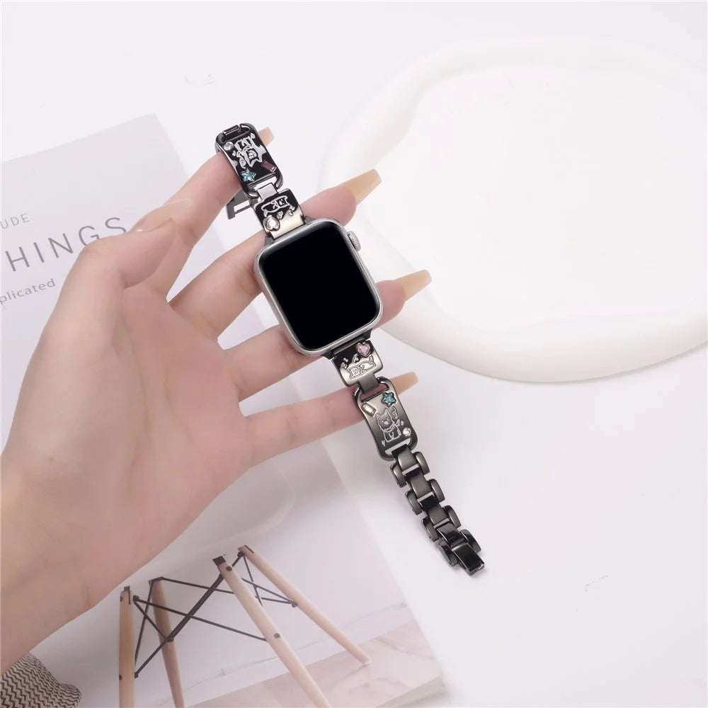 Metal Strap for Apple Watch Ultra 3 2 1 49mm / Series 11 10 46mm / 9 8 7 45mm / SE3 SE2 SE 6 5 4 44mm / 3 2 1 42mm Watch Band Dog Pattern - Black - 2