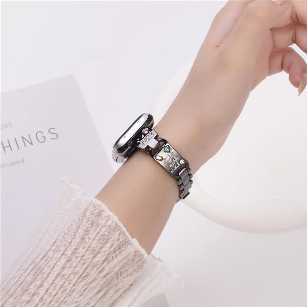 Metal Strap for Apple Watch Ultra 3 2 1 49mm / Series 11 10 46mm / 9 8 7 45mm / SE3 SE2 SE 6 5 4 44mm / 3 2 1 42mm Watch Band Dog Pattern - Black - 3
