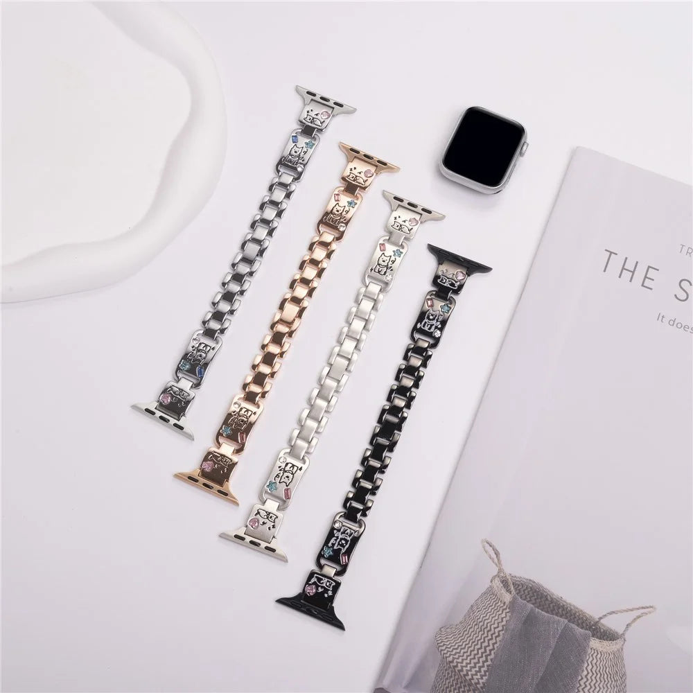 Metal Strap for Apple Watch Ultra 3 2 1 49mm / Series 11 10 46mm / 9 8 7 45mm / SE3 SE2 SE 6 5 4 44mm / 3 2 1 42mm Watch Band Dog Pattern - Black - 4