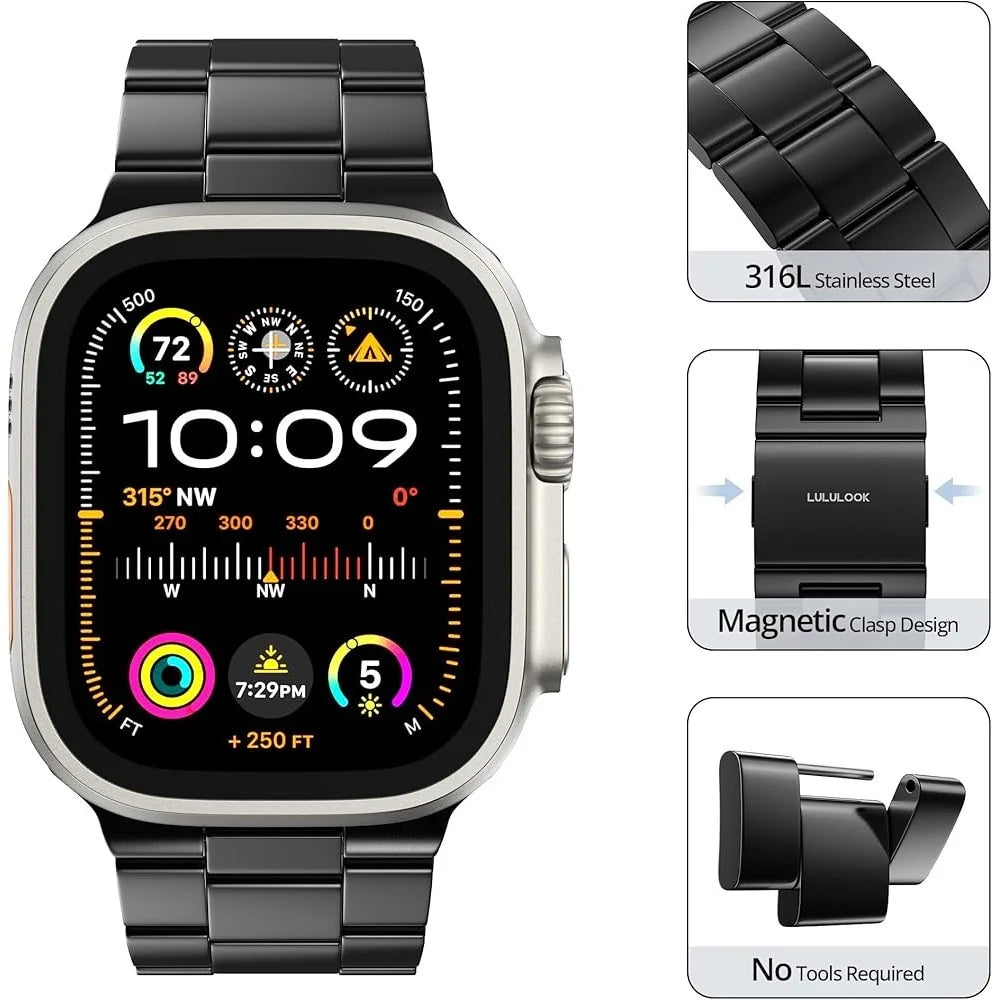 Strap for Apple Watch Ultra 3 2 1 49mm / Series 11 10 46mm / 9 8 7 45mm / SE3 SE2 SE 6 5 4 44mm / 3 2 1 42mm Stainless Steel Band - Black - 2
