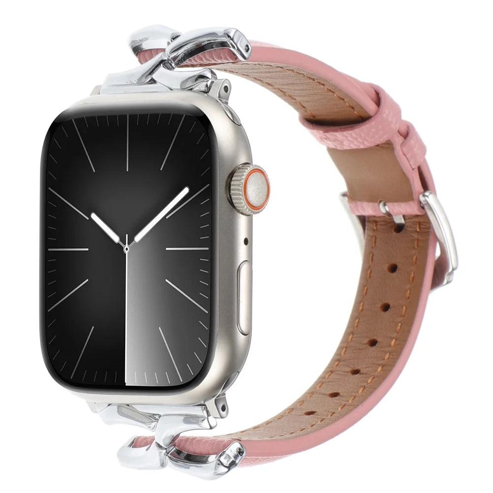 For Apple Watch Series 11 10 42mm / 9 8 7 41mm / SE3 SE2 SE 6 5 4 40mm / 3 2 1 38mm Watch Band Genuine Leather - Silver / Pink - 3