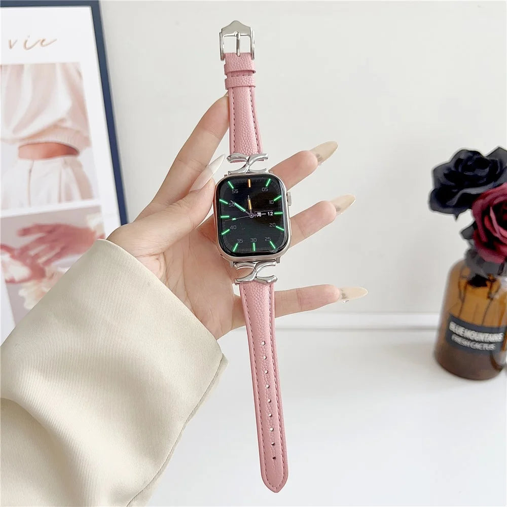 For Apple Watch Series 11 10 42mm / 9 8 7 41mm / SE3 SE2 SE 6 5 4 40mm / 3 2 1 38mm Watch Band Genuine Leather - Silver / Pink - 5