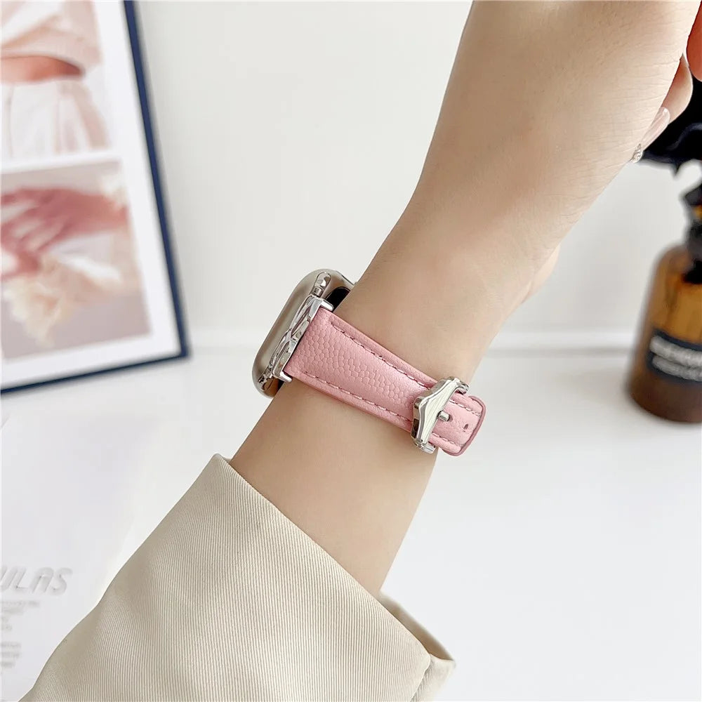 For Apple Watch Ultra 3 2 1 49mm / Series 11 10 46mm / 9 8 7 45mm / SE3 SE2 SE 6 5 4 44mm / 3 2 1 42mm Leather Watch Band - Silver / Pink - 6