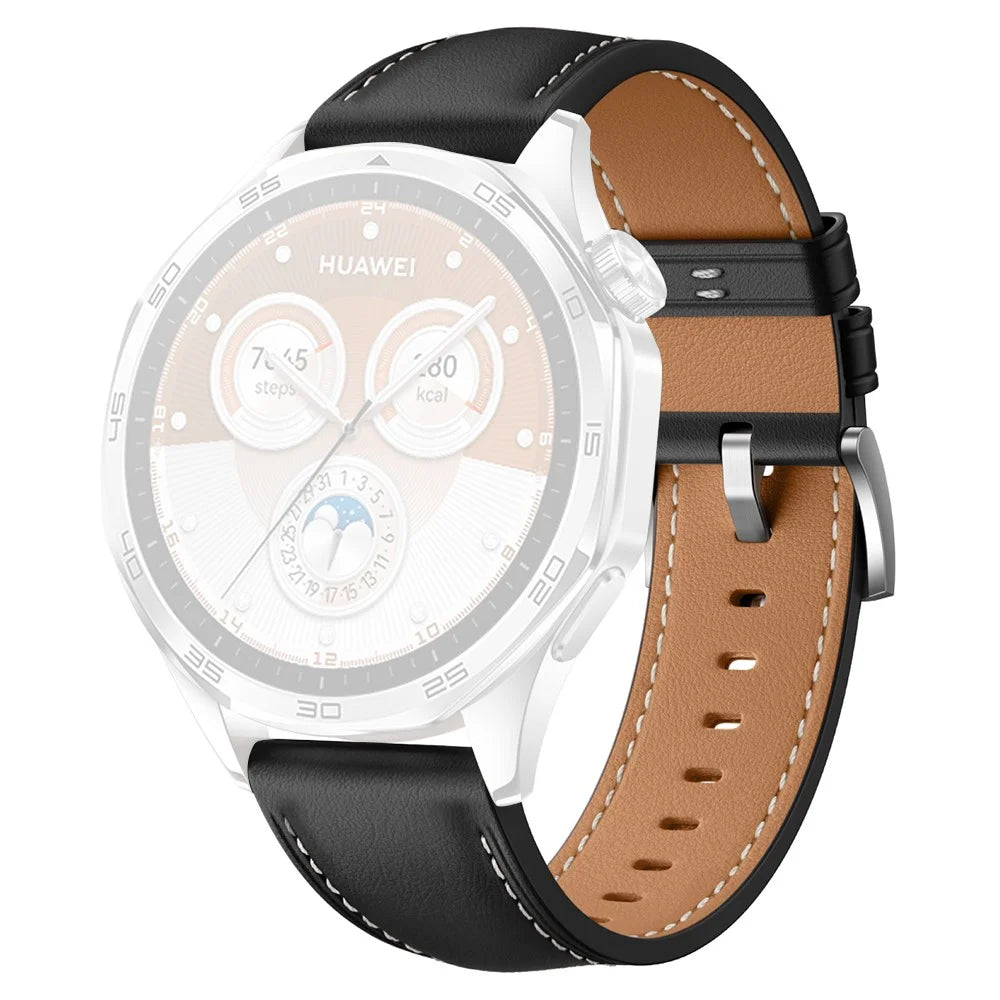 For Huawei Watch GT 5 46mm / GT 5 Pro 46mm / GT 4 46mm Replacement Band 22mm Genuine Cowhide Leather Watch Strap - Black - 1