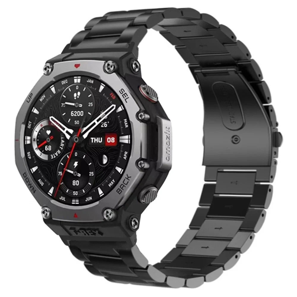 For Huami Amazfit T-Rex 3 Replacement Band Dual Press Buckle 3-Bead Steel Wrist Strap with Connector - Black - 3