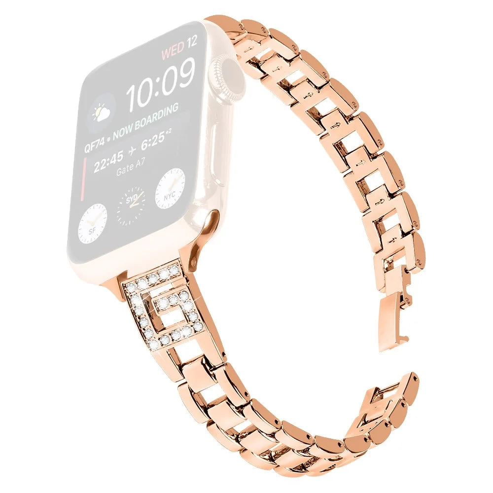 Strap for Apple Watch Ultra 3 2 1 49mm / Series 11 10 46mm / 9 8 7 45mm / SE3 SE2 SE 6 5 4 44mm / 3 2 1 42mm G-Shape Rhinestone Band - Rose Gold - 1