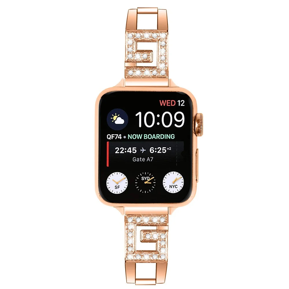 Strap for Apple Watch Ultra 3 2 1 49mm / Series 11 10 46mm / 9 8 7 45mm / SE3 SE2 SE 6 5 4 44mm / 3 2 1 42mm G-Shape Rhinestone Band - Rose Gold - 3