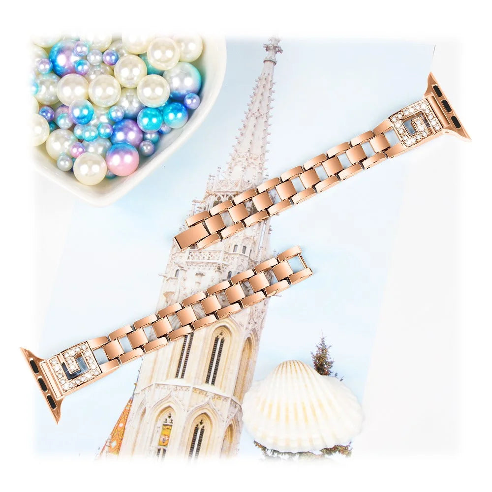 Strap for Apple Watch Ultra 3 2 1 49mm / Series 11 10 46mm / 9 8 7 45mm / SE3 SE2 SE 6 5 4 44mm / 3 2 1 42mm G-Shape Rhinestone Band - Rose Gold - 6
