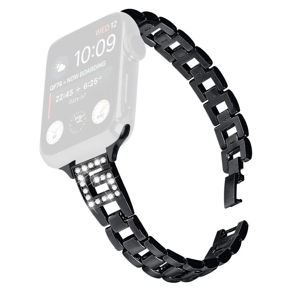 For Apple Watch Series 11 10 42mm / 9 8 7 41mm / SE3 SE2 SE 6 5 4 40mm / 3 2 1 38mm Watch Band G-Shape Rhinestone Decor - Black - 1