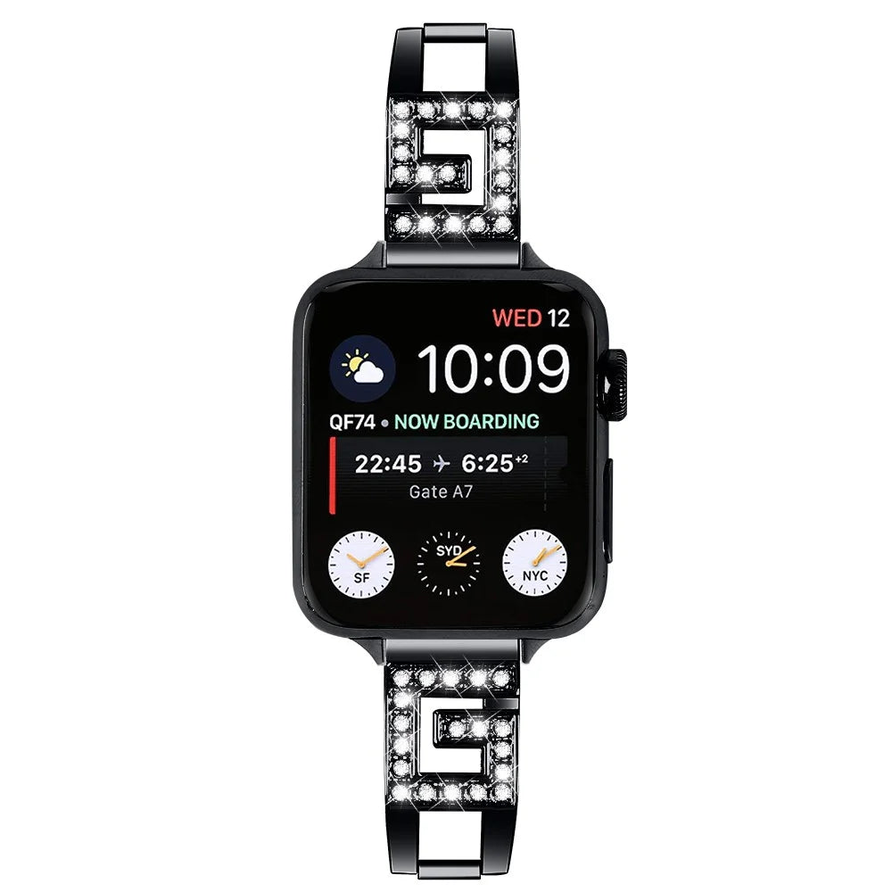 For Apple Watch Series 11 10 42mm / 9 8 7 41mm / SE3 SE2 SE 6 5 4 40mm / 3 2 1 38mm Watch Band G-Shape Rhinestone Decor - Black - 3