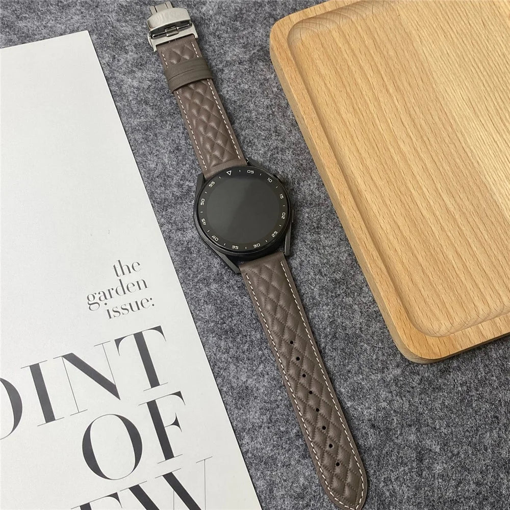 For Samsung Galaxy Watch7 44mm 40mm / Watch FE 40mm Universal 20mm Rhombus Texture Genuine Cowhide Leather Watch Strap - Tan - 2