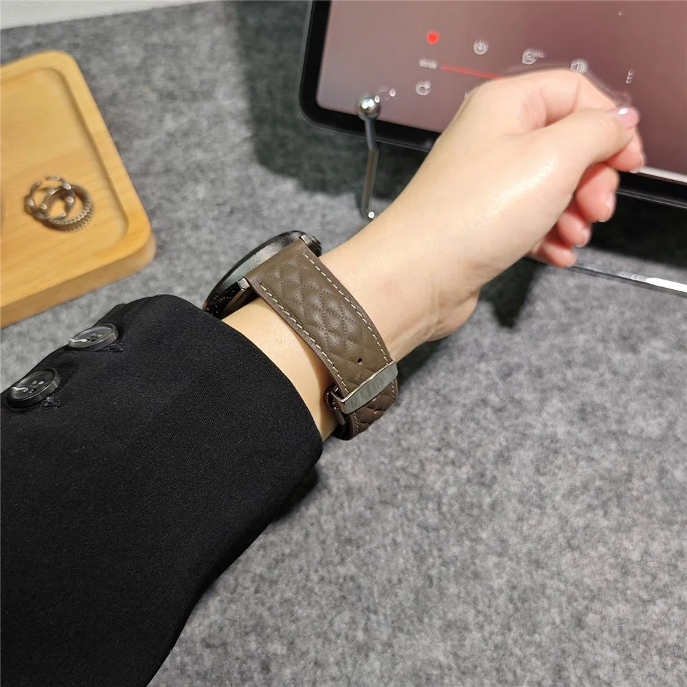 For Samsung Galaxy Watch7 44mm 40mm / Watch FE 40mm Universal 20mm Rhombus Texture Genuine Cowhide Leather Watch Strap - Tan - 3