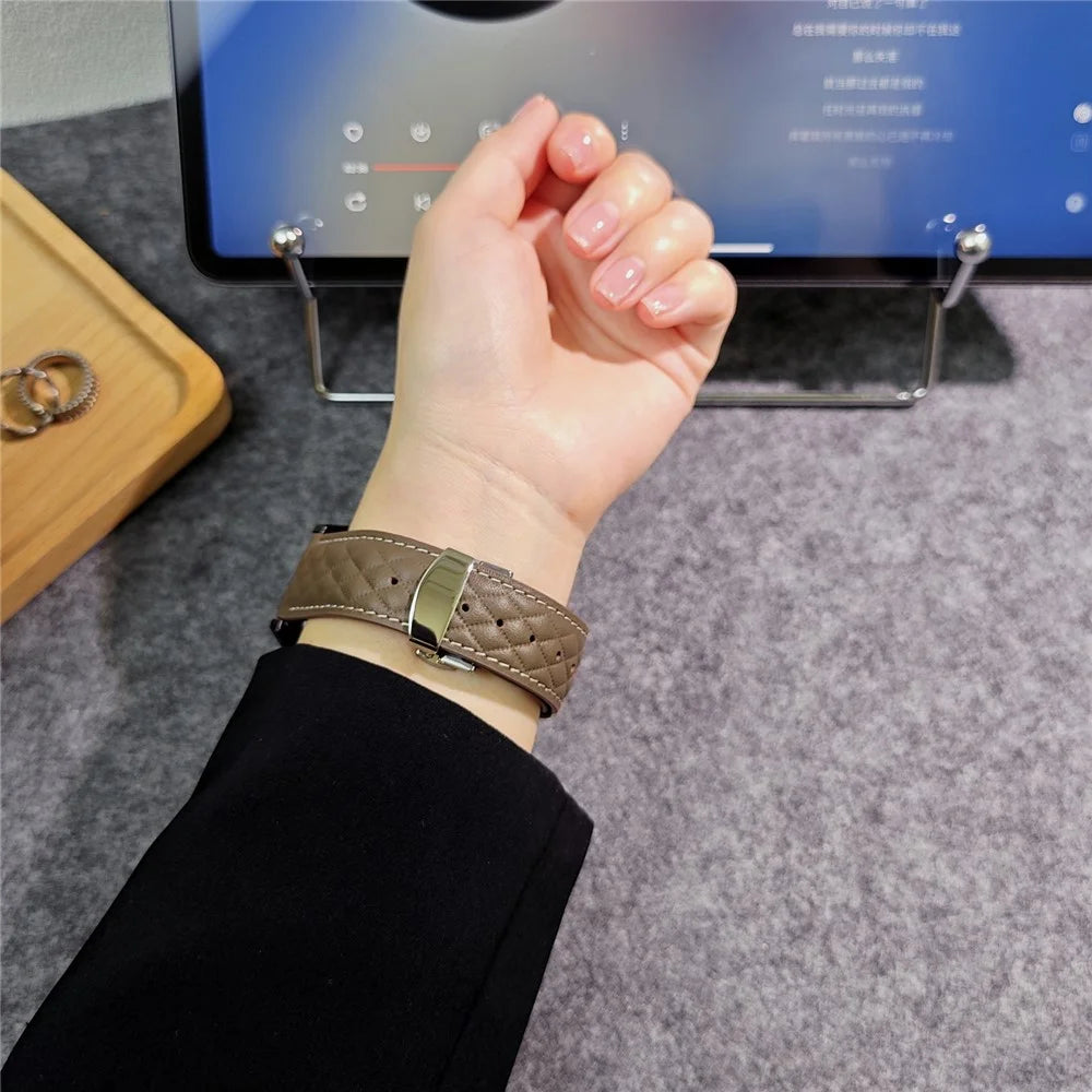 For Samsung Galaxy Watch7 44mm 40mm / Watch FE 40mm Universal 20mm Rhombus Texture Genuine Cowhide Leather Watch Strap - Tan - 4